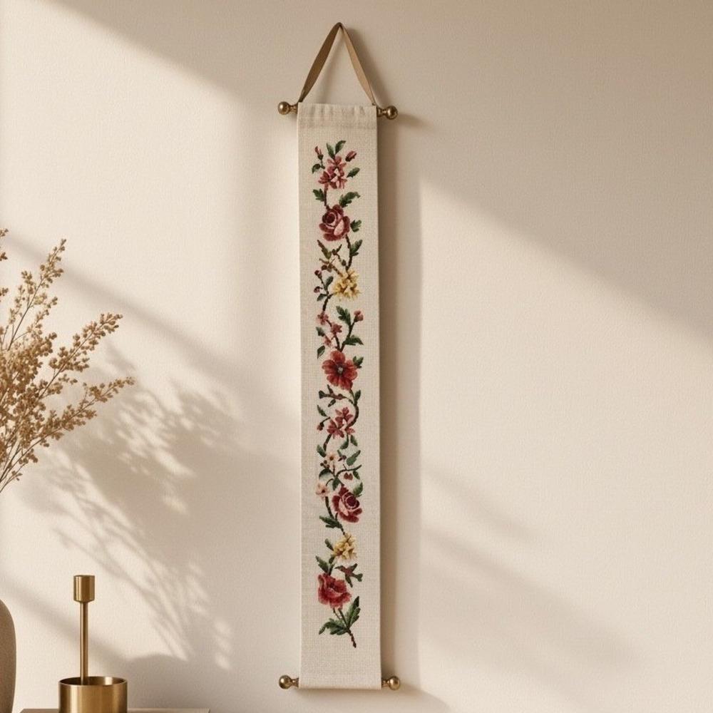 Vintage Needlepoint Bell Pull Hummingbird Floral Wall Hanging Brass Hardware 50"